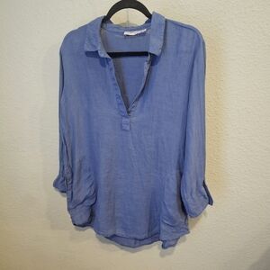 Vineyard Vines Blue 100% Linen Tunic Top Shirt Size M V Neck Collared W/Pockets